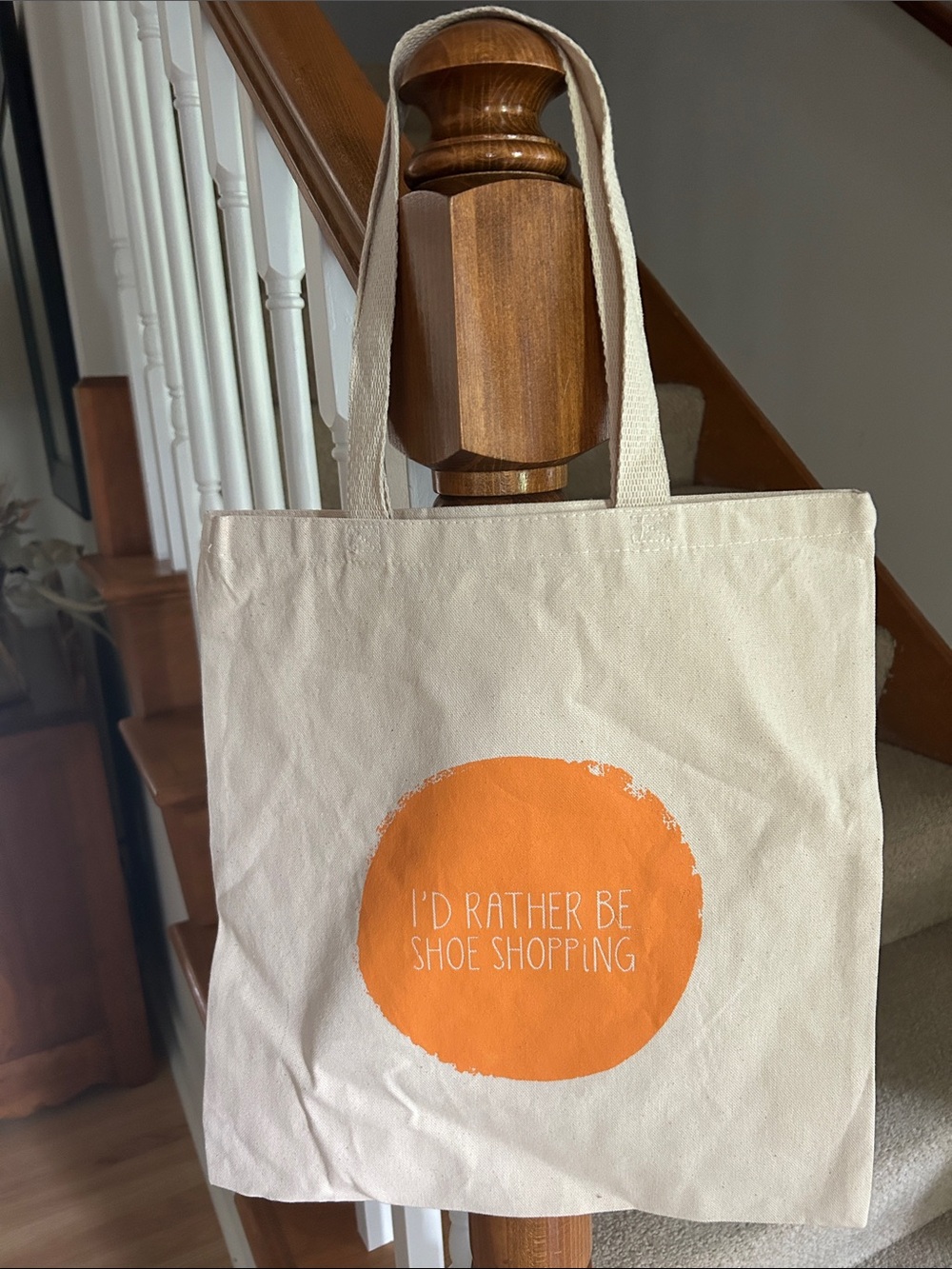 Miz Mooz Cream Canvas Tote with Orange Shoe Shopping Graphic